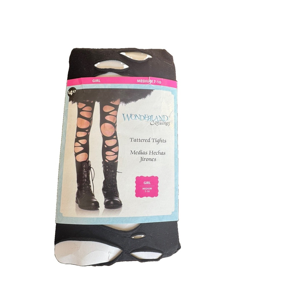 Wonderland Costumes Girls Tattered Tights Black Halloween Stockings Size M 7-10
